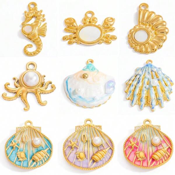1pc 18K Gold Plated Stainless Steel Dripping Oil Shell Ocean Series DIY Craft Jewelry Accessory, Suitable For Necklace, Bracelet, Earrings And Pendant Making