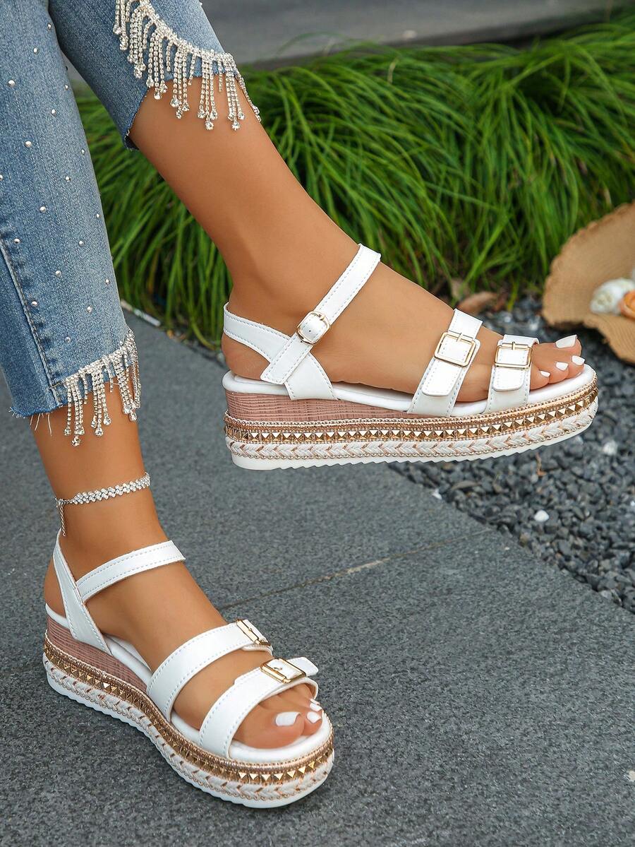 大码36-43女士夏季亚麻绳底厚底凉鞋日常穿坡跟厚底白色方扣高跟鞋