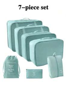 7 pièces Set d'organisateurs de voyage portables, fabriqués en tissu léger et résistant aux plis, incluant des cubes d'emballage pour vêtements, des sacs à chaussures transparents, une pochette pour cosmétiques, un sac de toilette, un sac à linge en maille, un design à compartiments efficace pour les valises et les rangements d'armoire à la maison - Multicolore - Voir 18