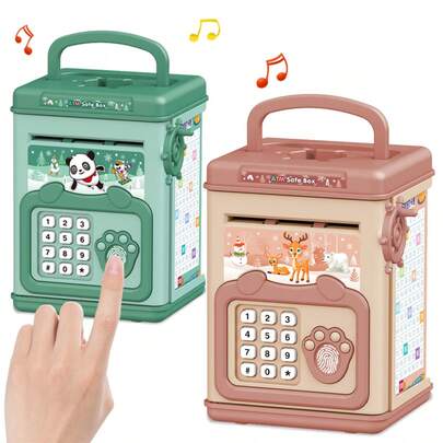 1box Atm 储蓄罐，带密码和指纹解锁，玩具硬币存储，音乐/音效/语音提示，手动卷纸，手持，教育，适合 3 岁及以上儿童的亲子互动，随机配件（不包括普通电池），经儿童认证