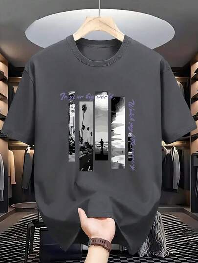 男士图案印花圆领短袖T恤，适合夏季