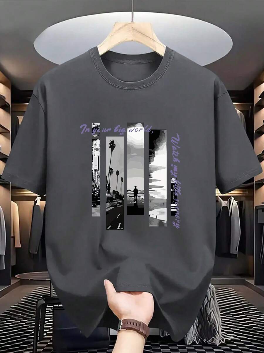 男士时尚百搭风景字母印花圆领短袖休闲T恤，夏季款 - 深灰色 - 查看 1