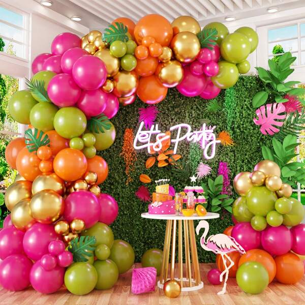 Tropical Hawaiian Balloons Arch Garland Kit, Olive Green And Hot Pink Orange Gold Balloons For Hawaii Summer Beach Luau Aloha Pool Birthday Flamingo BabyShower Party Decorations Supplies