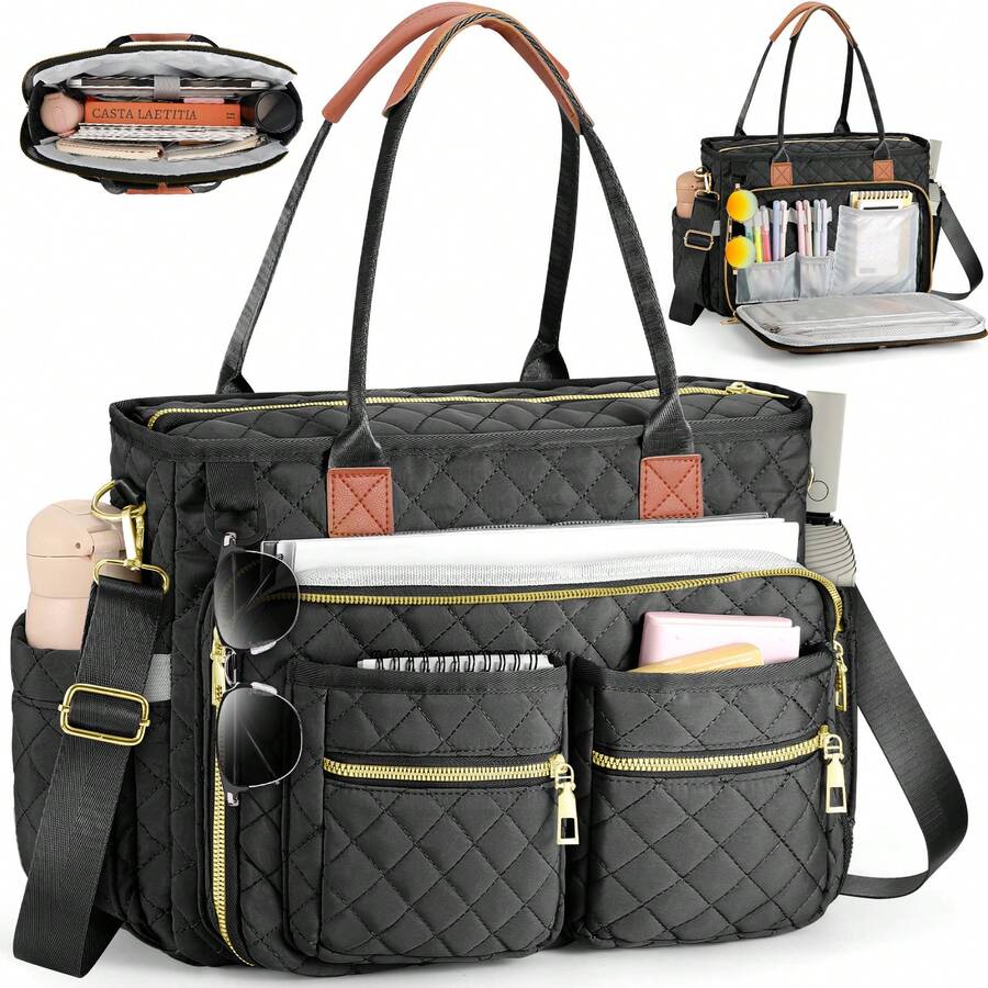 Large Laptop Bag For Women Teacher Tote Bags Work Bag Professional Computer Messenger With Insulated Pocket,Laptop Briefcase For Office, College, Nursing - 黑色 - 查看 1