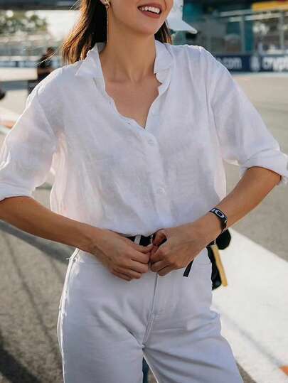 Women Linen Shirts Long Sleeve Button Down Casual Blouses Solid Color Soft Cotton Fabric Summer / Fall Clothes Work Outfits