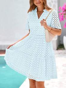 Women's Summer Dress V-Neck Hollow Eyelet Ruffle A-Line Hem Elegant Short Casual Wedding Graduation Travel Beach Holiday Vacation Light Blue Dresses For Women - 淺藍色 - 查看 2