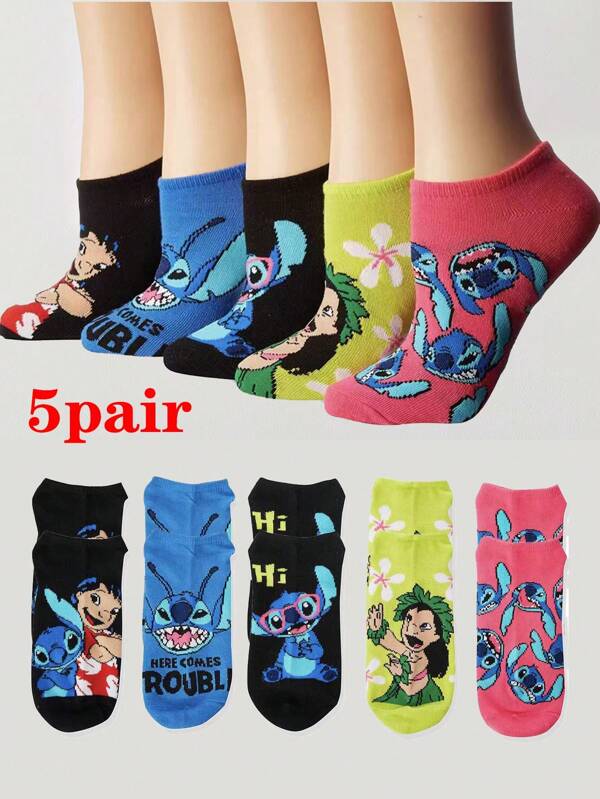 Disney Disney Fun Cartoon Prints, Soft Material, Ideal For Disney Fans, Perfect For Casual And Daily Wear Printed Combination Socks Set Stitch Boat Socks Floor Socks 5pairs