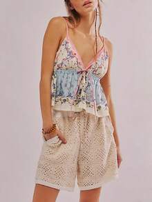 Women Boho Floral Cami Tank Tops Y2K Spaghtti Strap V Neck Bow Front Babydoll Camisole Crop Tops Summer Sleeveless Backless Vests Shirts Cute Going Out Tops Vintage Aesthetic Clothes Streetwear - 白色 - 查看 4