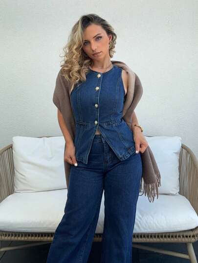 Jeta Ari 女式金属纽扣前下摆开衩背心和长牛仔裤两件套 - 优雅牛仔套装，宽腿宽松牛仔裤，女式高腰牛仔裤，FW25