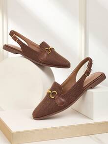 2025秋季方头亚麻透气金属扣拼接设计休闲时尚百搭穆勒鞋纯色时尚休闲镂空女式户外鞋四季通用 - 咖啡棕 - 查看 3