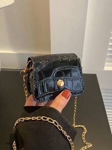 Mini Crocodile Embossed Square Shoulder Bag Women Small Wallet Coin Purse - Black - View 1