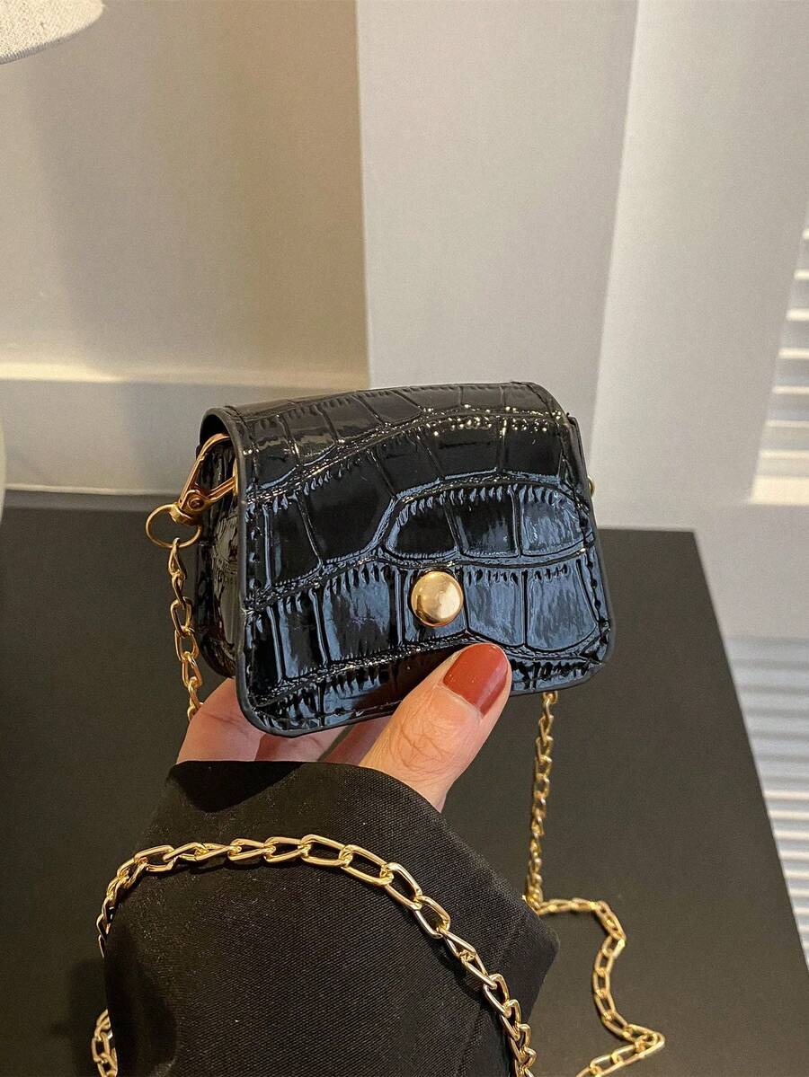 Mini Crocodile Embossed Square Shoulder Bag Women Small Wallet Coin Purse - Black - View 1