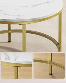 Table Basse, Table de Salon, Façon Marbre, Support en Verre Trempé, Facile à Assembler, Style Moderne, Blanc Marbré et Doré Clair - Blanc + or clair - Voir 3