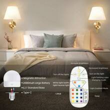 Lampe murale sans fil et rechargeable, 12 RGB Lampe murale avec chargement sans fil et télécommande, Lampe murale sans fil à intensité réglable, Ampoule de veilleuse magnétique pour chambre à coucher et salon