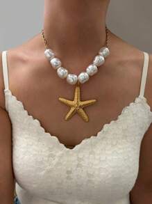 Colar com pingente de estrela do mar e folha de lótus, exclusivo, assimétrico, de aço inoxidável, inspirado no Barroco, para mulheres
