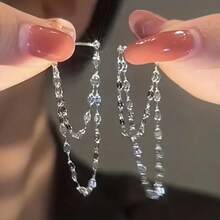 1 Pair Of Europe And United States Simple Stainless Steel Double-Layer Lip Chain Tassel Earrings Female Niche One-Piece Chain Earrings Earrings Earwires - 銀色 - 查看 3