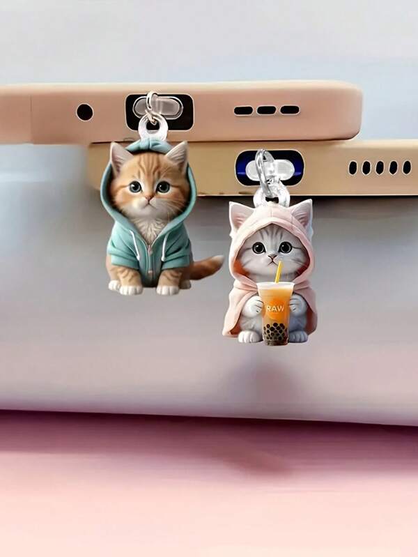 1 pieza Lindo tapón antipolvo para teléfono plano 2D con diseño de gato, colgante compatible con Apple, Tipo-C y puerto de carga ovalado