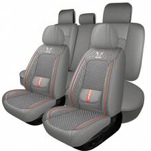 Breathable Luxury Nappa Leather + Ice Silk Car Seat Cover 4 Season Use Front Back Rear Cushion Full Wrapped Protector Universal Fit For 95% Cars SUV Truck - 灰色 - 查看 2