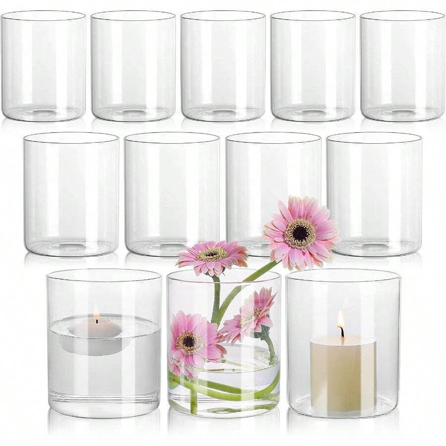 paquete de 12 jarrones de cristal cilíndricos transparentes de 5 pulgadas para centros de mesa, sostenedores a granel de velas Hurricane de cristal, pequeños floreros decorativos para mesas, sostenedores de velas flotantes para bodas y decoración del hogar - transparente - Ver 1