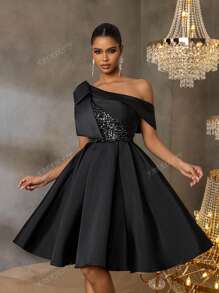 Faeriesty Luxury Sequined A-Line Asymmetrical Neck Bow Dress - Spring/Summer Formal Wear For Weddings, Private Parties & Galas, Party Dress, For Cocktail