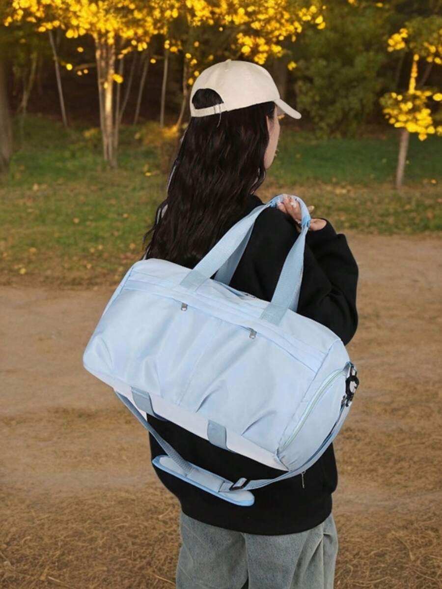 Borsa sportiva da fitness in colore unito con scomparto per le scarpe, da trasportare a mano o a spalla, design con più tasche, separazione di parti bagnate e asciutte