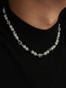 1 件时尚嘻哈朋克裂纹珍珠串珠项链，适合男女日常佩戴