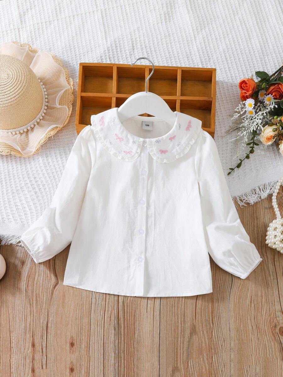 少女棉质长袖蝴蝶结彼得潘领衬衫 - 白色 - 查看 1