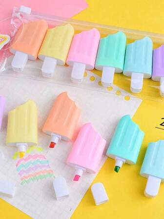 6pcs Cartoon Ice Cream Shaped Highlighter Pens Class Student Prizes, Rewards, Gifts, Back To School Stationery, Suitable For Home, School, And Office Use