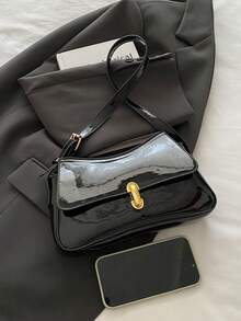 女士复古仿油皮革翻盖装饰单肩腋下包，适合约会、郊游、聚会 - 黑色 - 查看 5