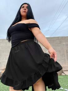 Truni Plus Size Women's Black Ruffles Hem Skirt, Vintage Black Layered Skirt