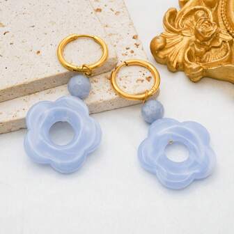 1 对夸张天然石亚克力花朵不锈钢 18K 镀金创意女士吊坠耳环，适合日常佩戴