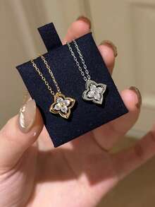 1件简约四叶草锆石吊坠项链，925纯银浪漫锁骨项链，优雅珠宝礼物，适合女孩日常佩戴和约会佩戴 - 四葉草項鍊1 - 查看 2