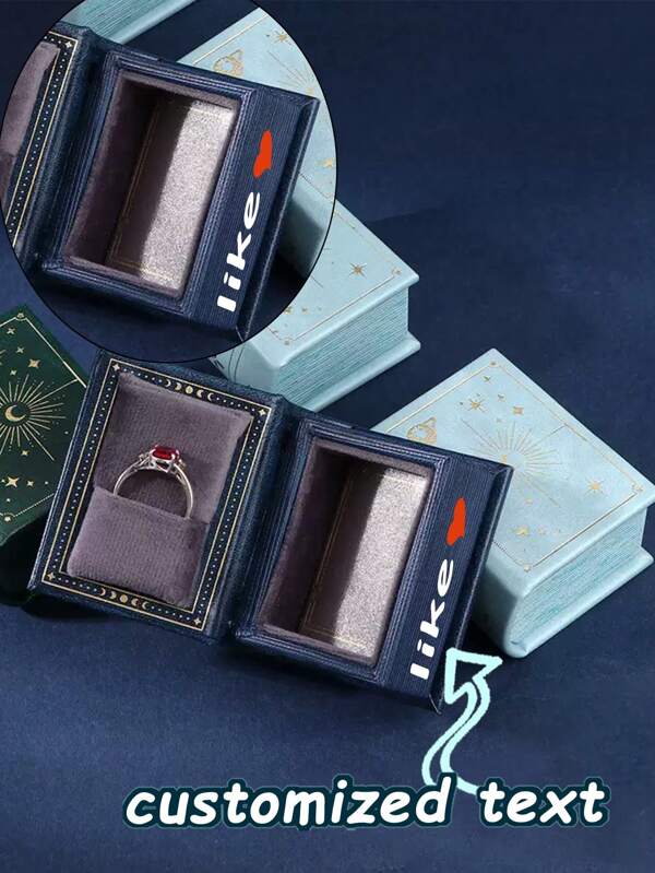 Customized Retro Book Ring Box; Mini Proposal Jewelry Box With Text Personalization; Vintage Celestial Design Ring Holder; Romantic Gift For Wife, Girlfriend, Or Mom; Creative Wedding Or Anniversary Jewelry Packaging.