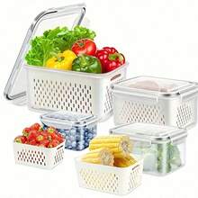 Set de recipiente pentru depozitarea alimentelor, cu coș de scurgere și capac - etanș, frigider, cutie de depozitare multifuncțională reutilizabilă pentru bucătărie, potrivită pentru fructe, legume și alimente, cutie de depozitare pentru frigider, coș de scurgere dreptunghiular din plastic, cutie sigilată pentru conservarea fructelor, legumelor și alimentelor - Multicolor - Vizualizare 5