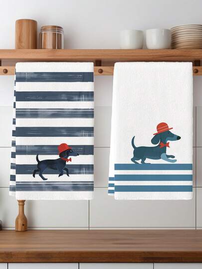 2条装狗狗图案厨房毛巾，腊肠犬洗碗布，厨房装饰洗脸巾