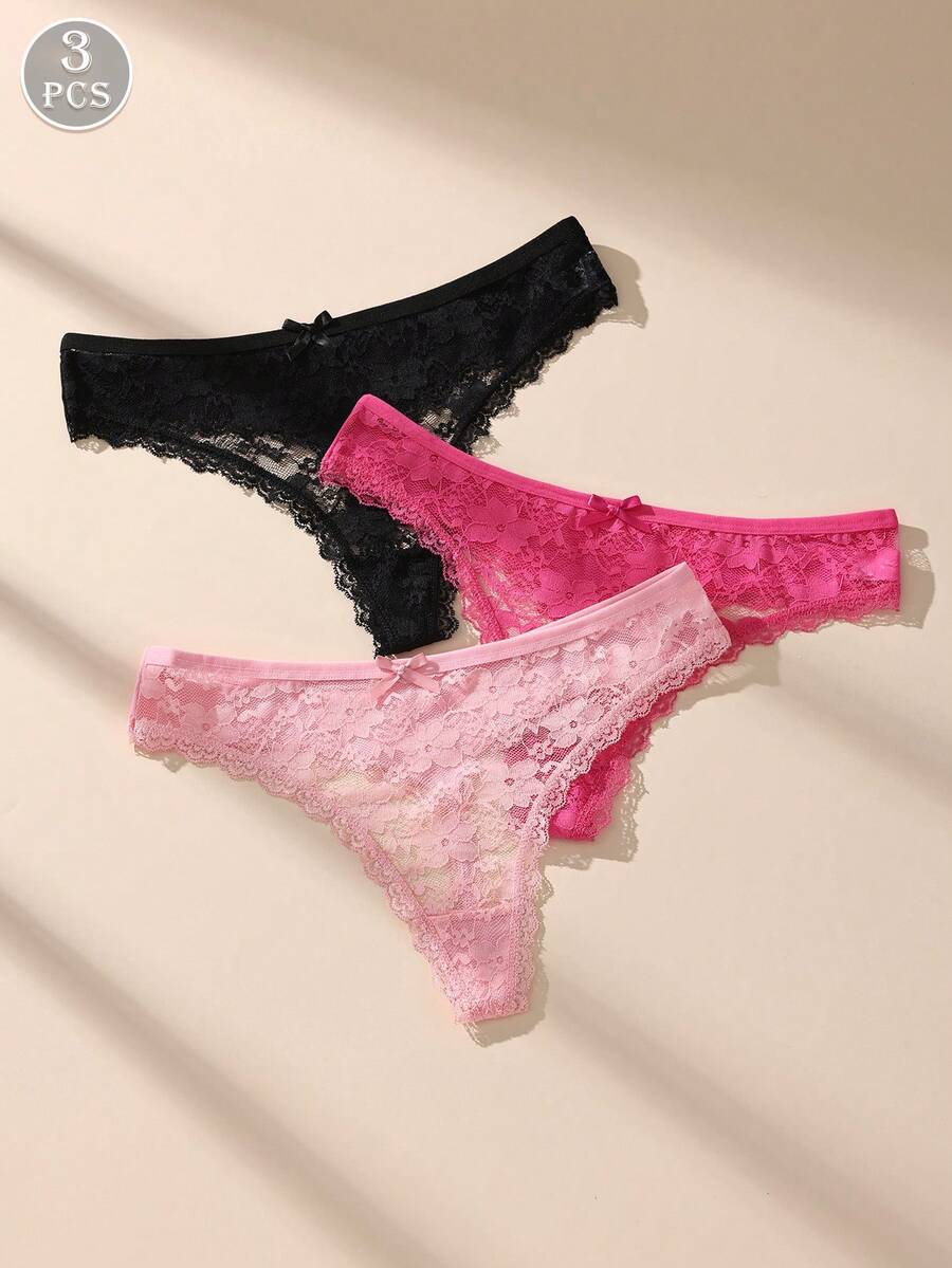 ROMWE Kawaii Pacote com 3 calcinhas femininas multicoloridas e sensuais de renda patchwork, shorts com laço fofo, roupa íntima macia e confortável