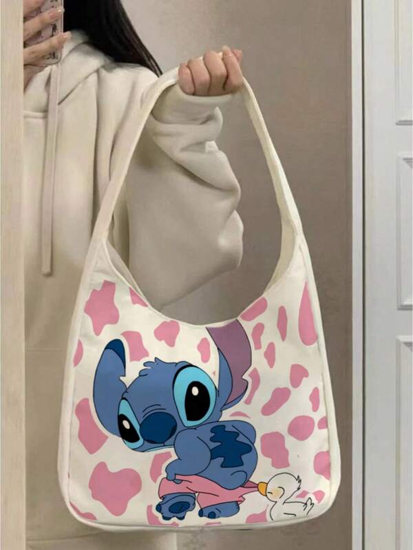 Disney 1 pieza (Autorizado por Disney) Bolso de hombro de la serie Stitch con dibujos animados de Joker, bolso de lona para estudiantes unisex para salir (sin colgante, el colgante se utiliza solo para imágenes promocionales del producto)