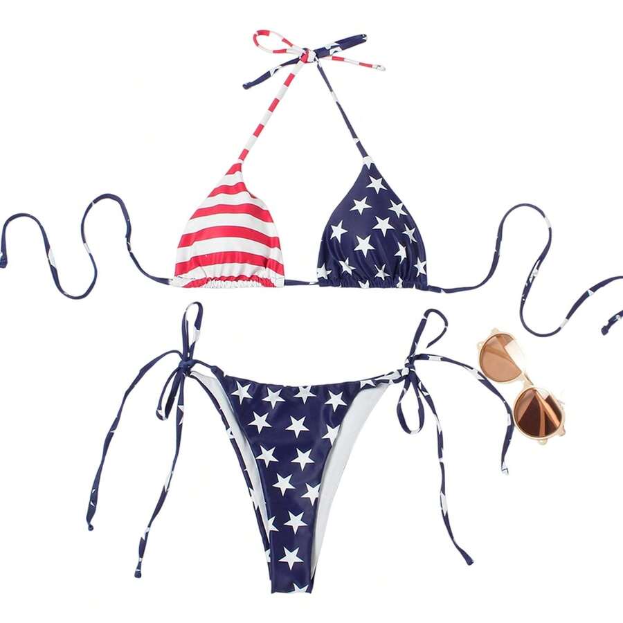 Sexy American Flag Bikini Set ,July Fourth Red White And Blue Bathing Suit - Mã QR - Xem 1
