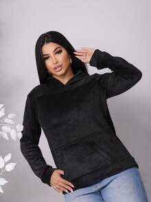 COLD COAT FUR SWEATSHIRT WITH HOOD AND POCKET Simple Casual Tweed Pocket Beach WINTER - Black - View 3