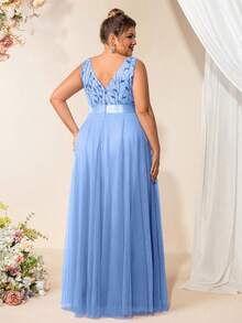 Plus Size Contrast Sequin Embroidered Mesh Bridesmaid Dress,Prom Gown, For Wedding Guest Gown, Graduation, Dinner Party Dress - Baby Blue - View 3