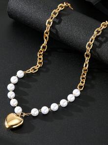 1 件欧美奢华金属仿珍珠心形吊坠多层项链，优雅女士锁骨项链 - 金黃色 - 查看 5