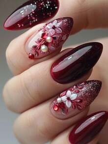 2 件红色花藤水彩指甲贴纸夏季花朵花卉图案美甲贴花 DIY 自粘滑块适用于水晶指甲用品 - 彩色 - 查看 6