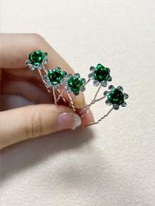 20pcs Emerald Green Rose Bridal Hair Clips, Women's Dark Green Crystal Flower U-Shaped Hair Clips, Braided Hairstyle Wedding Accessories, Glamorous Wedding Hair Clips, Perfectly Suitable For Shiny Wedding Themes, Parties And Balls, Hair Clips Headpiece - Green - View 2
