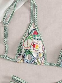 2pcs Women's Spring/Summer Ditsy Floral Halter Backless Bohemian Style Bikini Set - Multicolor - View 4