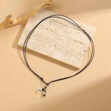 1 pieza Tobillera ajustable casual con cuerda negra, cuentas plateadas, flores, estrellas y luna como decoración, adecuada para uso en vacaciones en la playa de mujeres
