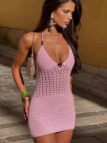 Beautiful Nomad 女士性感V领露背沙滩罩衫 - 粉色 - 查看 3