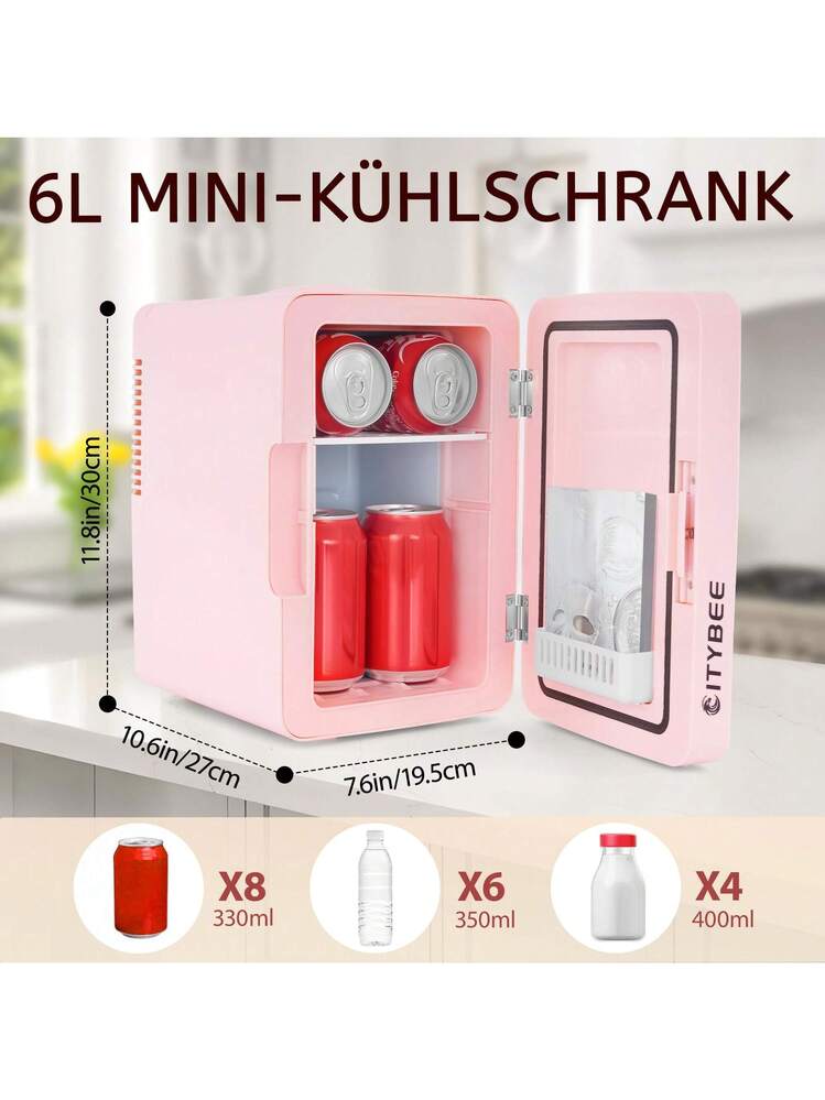 Mini Frigorifero 6 Litri Rosa Con Specchio E Luce LED | Per Auto 12V E Casa 230V, Silenzioso, Per Cosmetici E Bevande
