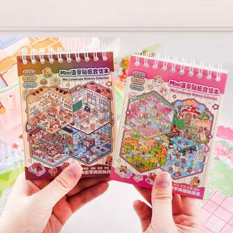 Mini Decorative Scene Sticker Book - 12 Sheets Of Pet Stickers + 6 Sheets Of Scenery Cardboard, 3D Miniature Landscape Scenes,School Supplies,Back To School