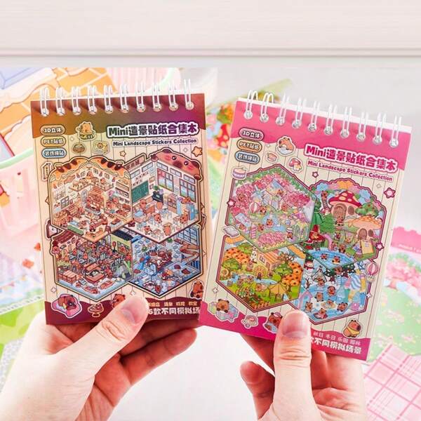 Mini Decorative Scene Sticker Book - 12 Sheets Of Pet Stickers + 6 Sheets Of Scenery Cardboard, 3D Miniature Landscape Scenes,School Supplies,Back To School