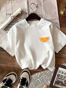 Women's Short Sleeve Round Neck T-Shirt With Orange And Grapefruit Slice Print, 100% Cotton, Comfortable And Casual For Everyday Wear, Ins Style, Vacation, Loose Top, Women's Solid Color Round Neck Short Sleeve T-Shirt, Soft And Comfortable, Street Casual, Women's Summer Top, Women's T-Shirt, Sweater, Women's Clothing, Women's Stylish Top, Women's Summer Clothing, Sporty, Summer Top, Women's Spring, Women's Gym T-Shirt, Basic T-Shirt, Women's Short Sleeve T-Shirt, Spring Summer, Women's Festival Outfit, Y2K, Funny T-Shirts Autumn Winter, Vacation, Beach, Casual, 90's Clothing, Cute Blouses, White Top, Women's Clothing For Easter, Carnival, All Seasons, Office/Lounge/Home/Outdoor Sports, Loose/Minimalist, Women's Western, Clothing, White TopTee - White - View 2
